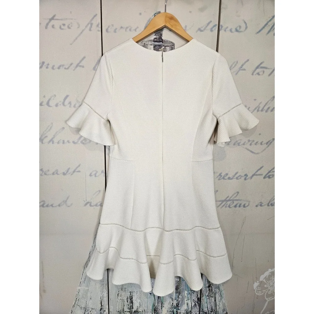 Rebecca Taylor Fit & Flare Dress 12 Cream Ruffle Sleeve Textured V-Neck Mini